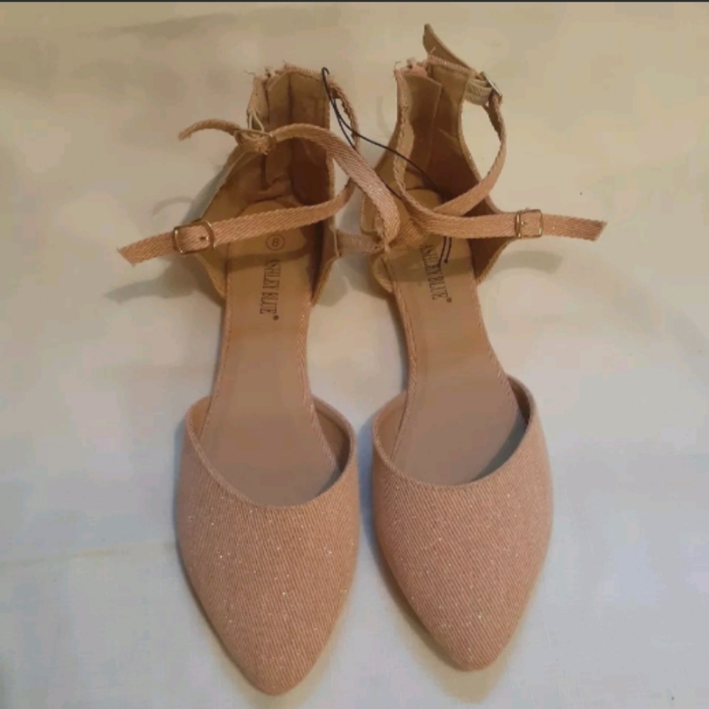 2/$25 Ashley Blue Ballet Flat 2-Ankle Straps Pointed Toe Zipper Shoes Pink Blush